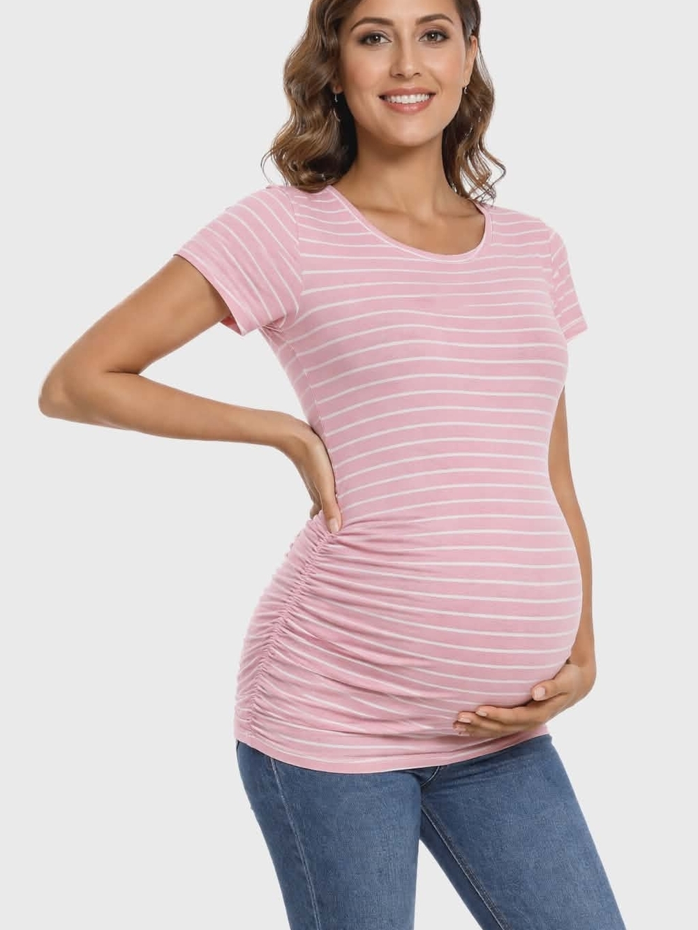 Maternity Striped Short Sleeve Tee - Pink